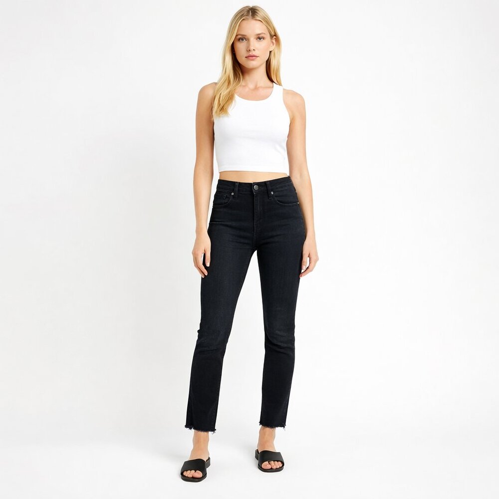 rag & bone High Rise Cropped Slim Leg Jeans Raw Hem Black 26 #0193